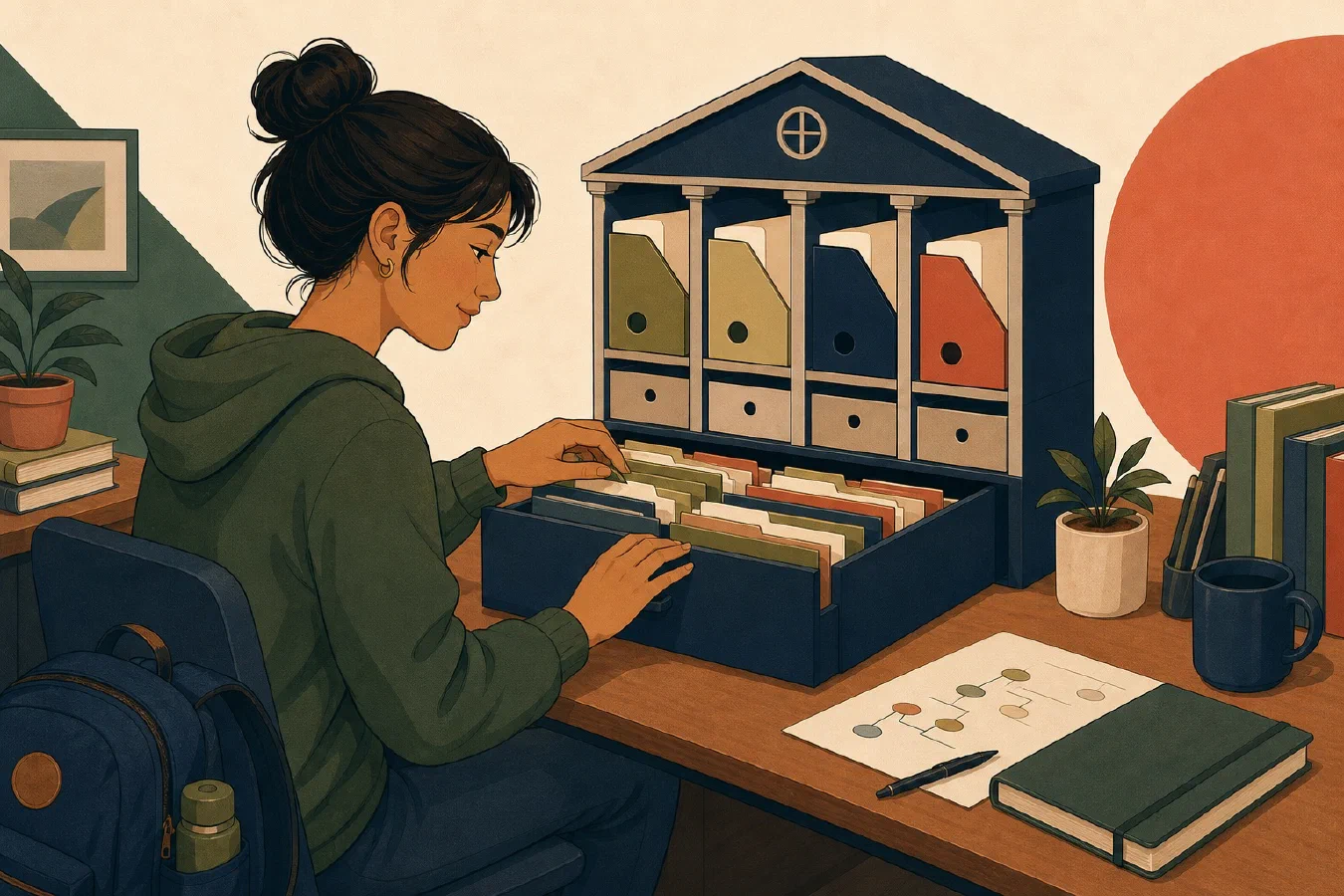 A student-centered editorial illustration representing A College Folder Structure That Can Survive Four Years.