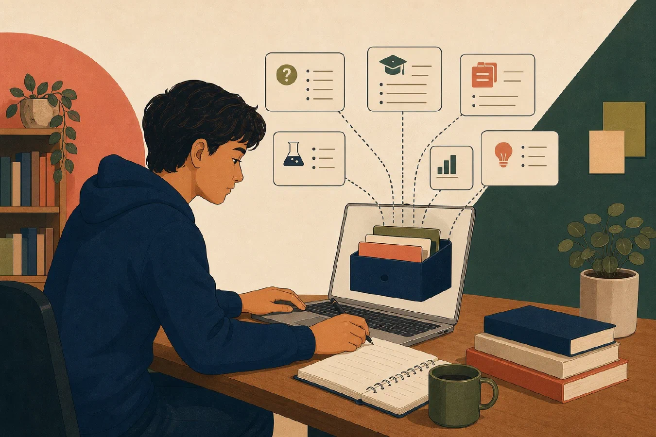 A student-centered editorial illustration representing A Practical Prompt Library for Students.