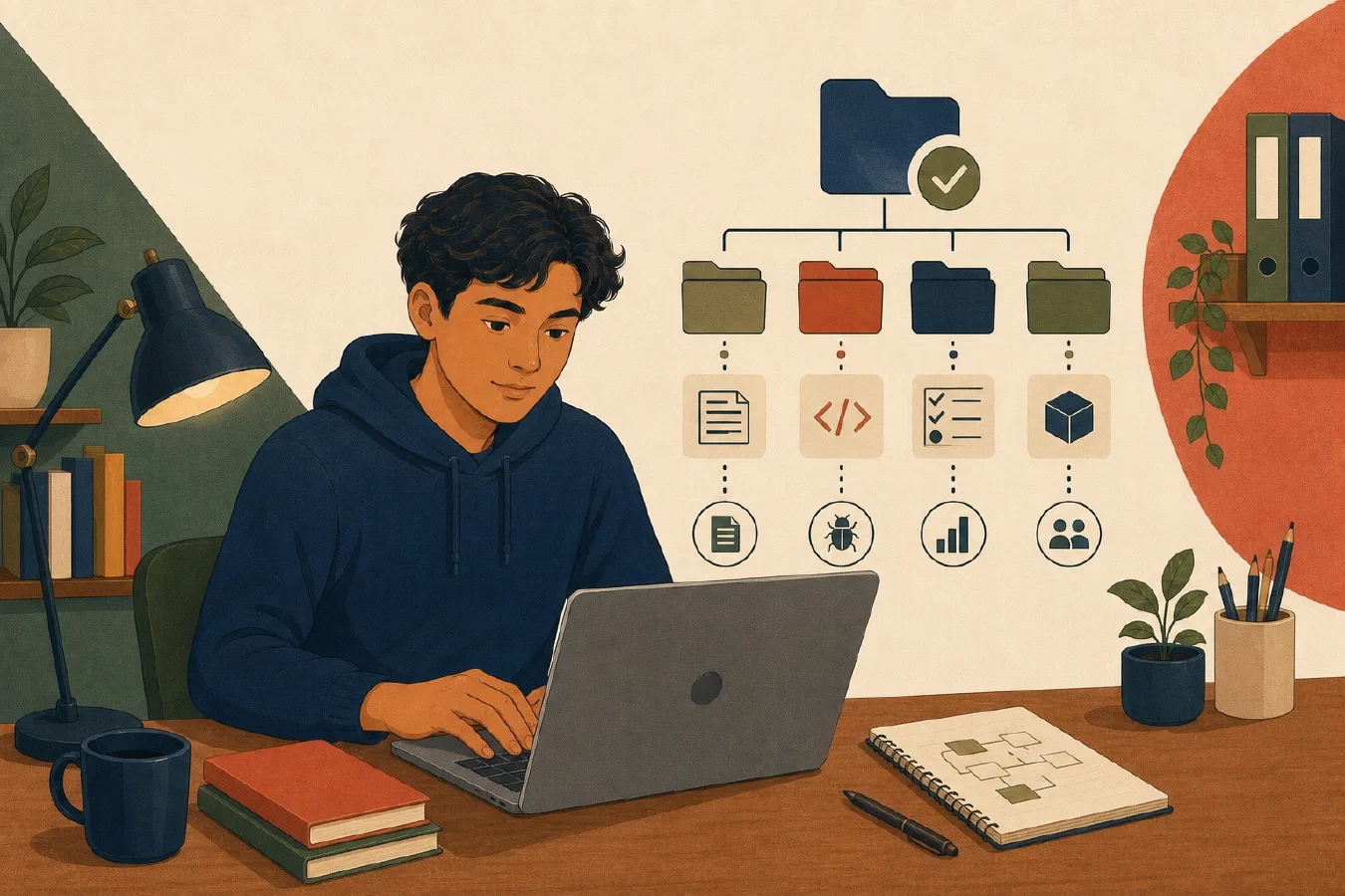 A student-centered editorial illustration representing A Project Structure That Encourages Good Habits.