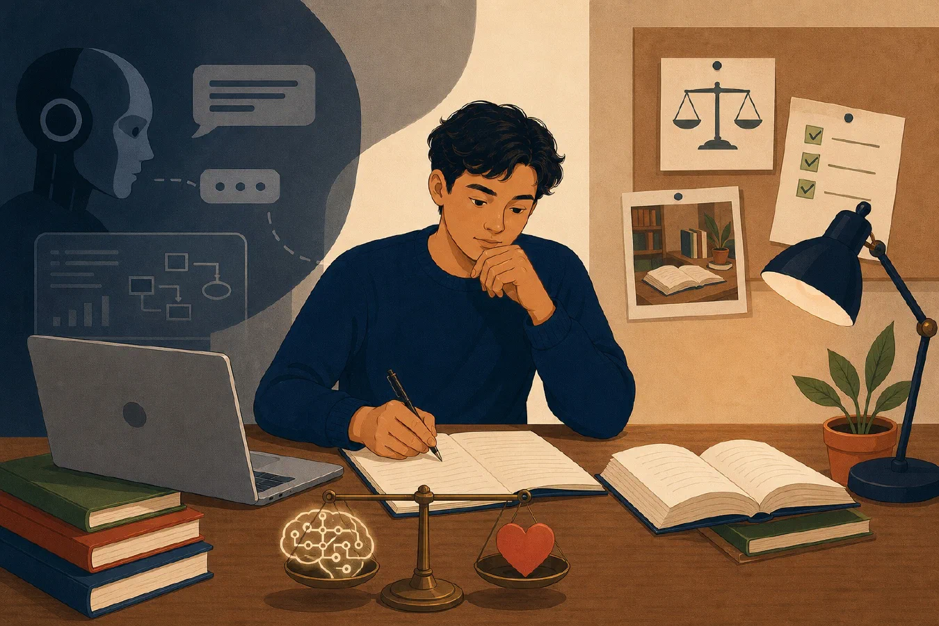A student-centered editorial illustration representing Academic Integrity in the Age of AI.