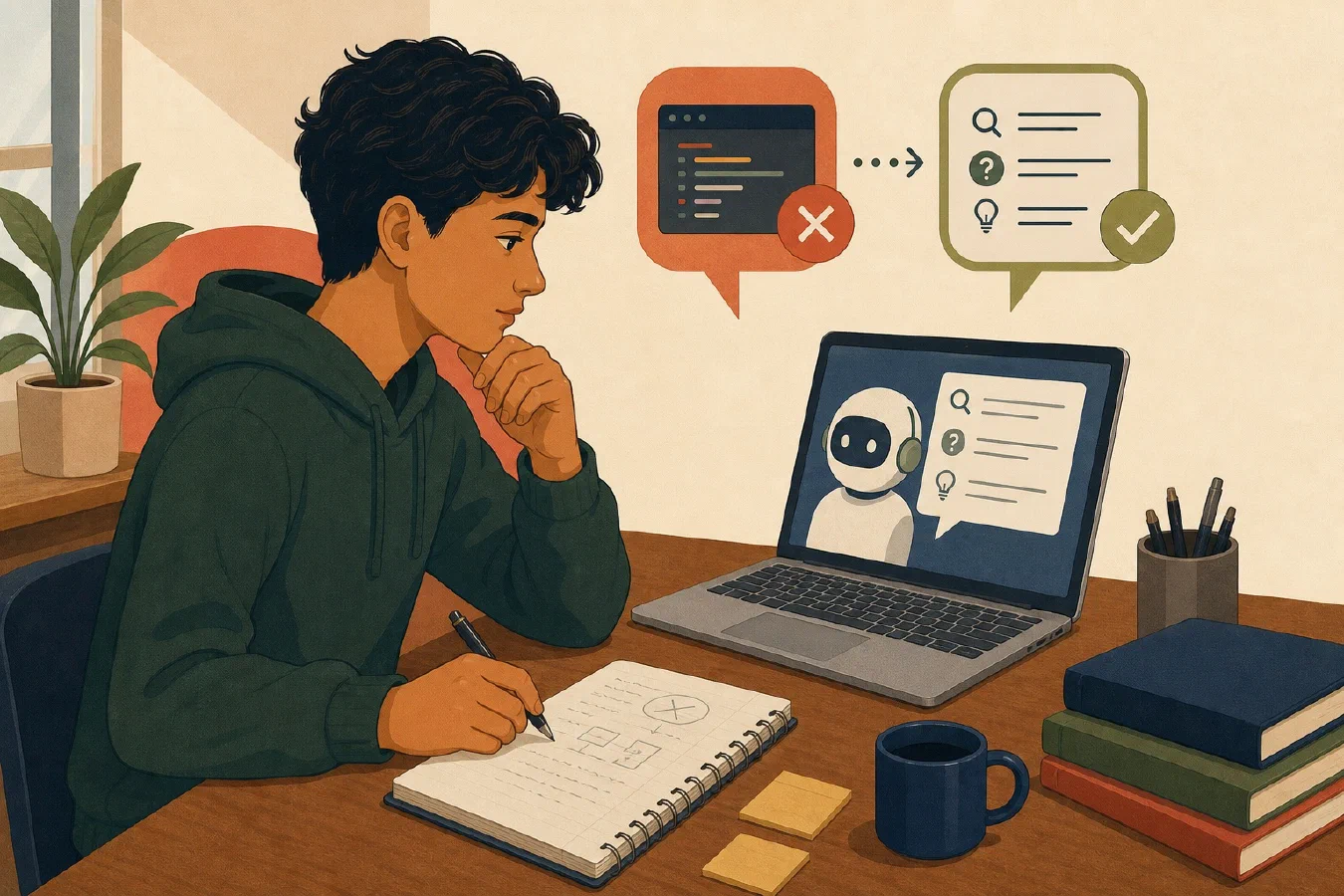 A student-centered editorial illustration representing Ask AI to Explain an Error Without Solving the Assignment.