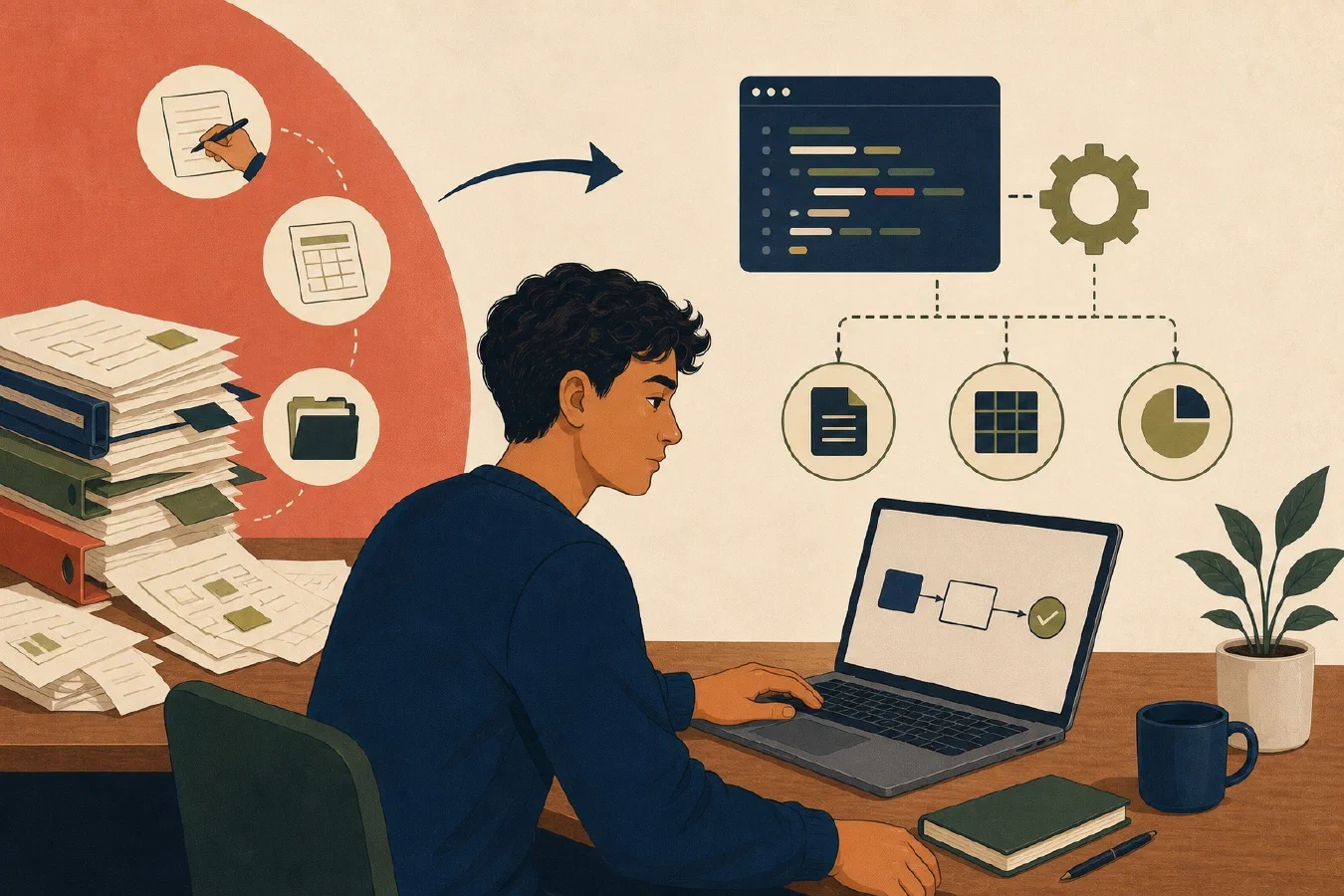 A student-centered editorial illustration representing Automate Deterministic Work with Code.