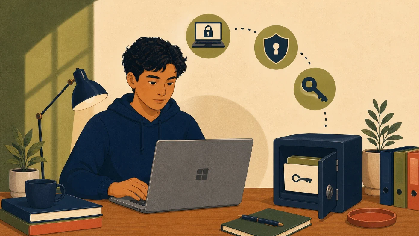 A student-centered editorial illustration representing BitLocker and Recovery Keys Without Regret.