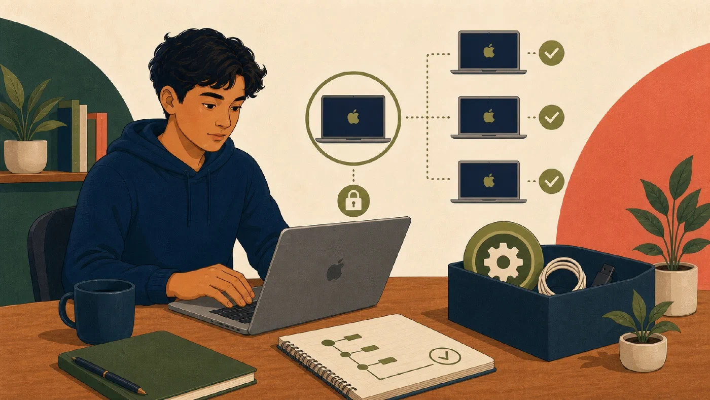A student-centered editorial illustration representing Build a Reproducible macOS Setup.