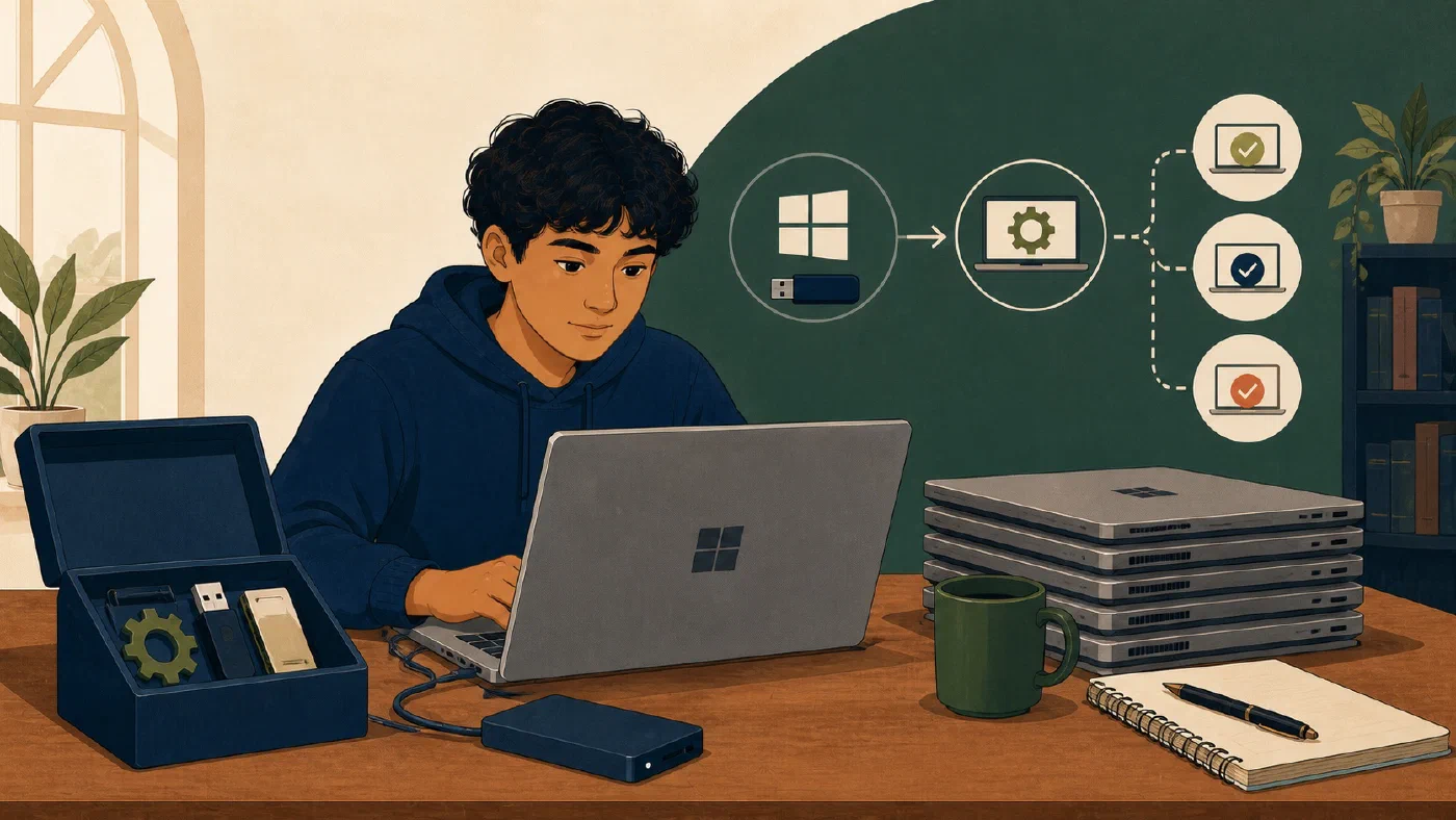A student-centered editorial illustration representing Build a Reproducible Windows Setup.
