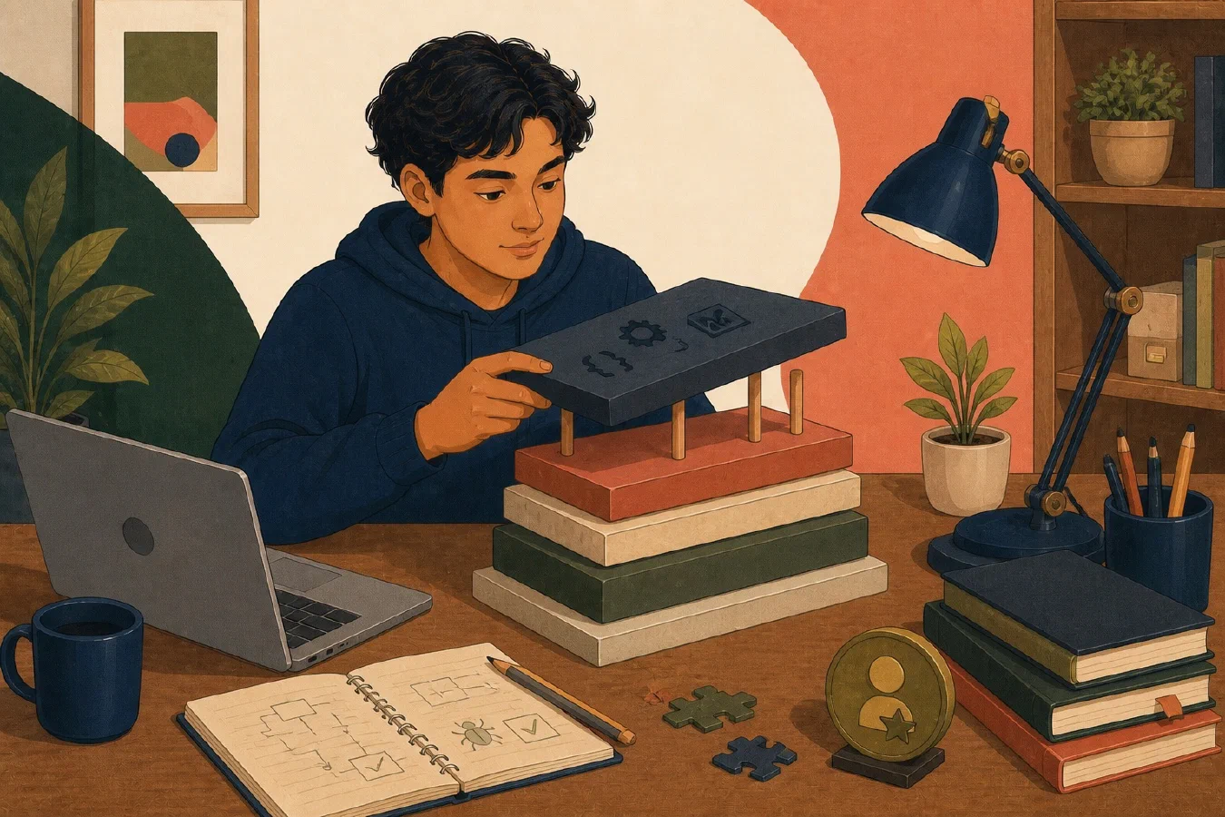 A student-centered editorial illustration representing Build a Small Portfolio with Depth.