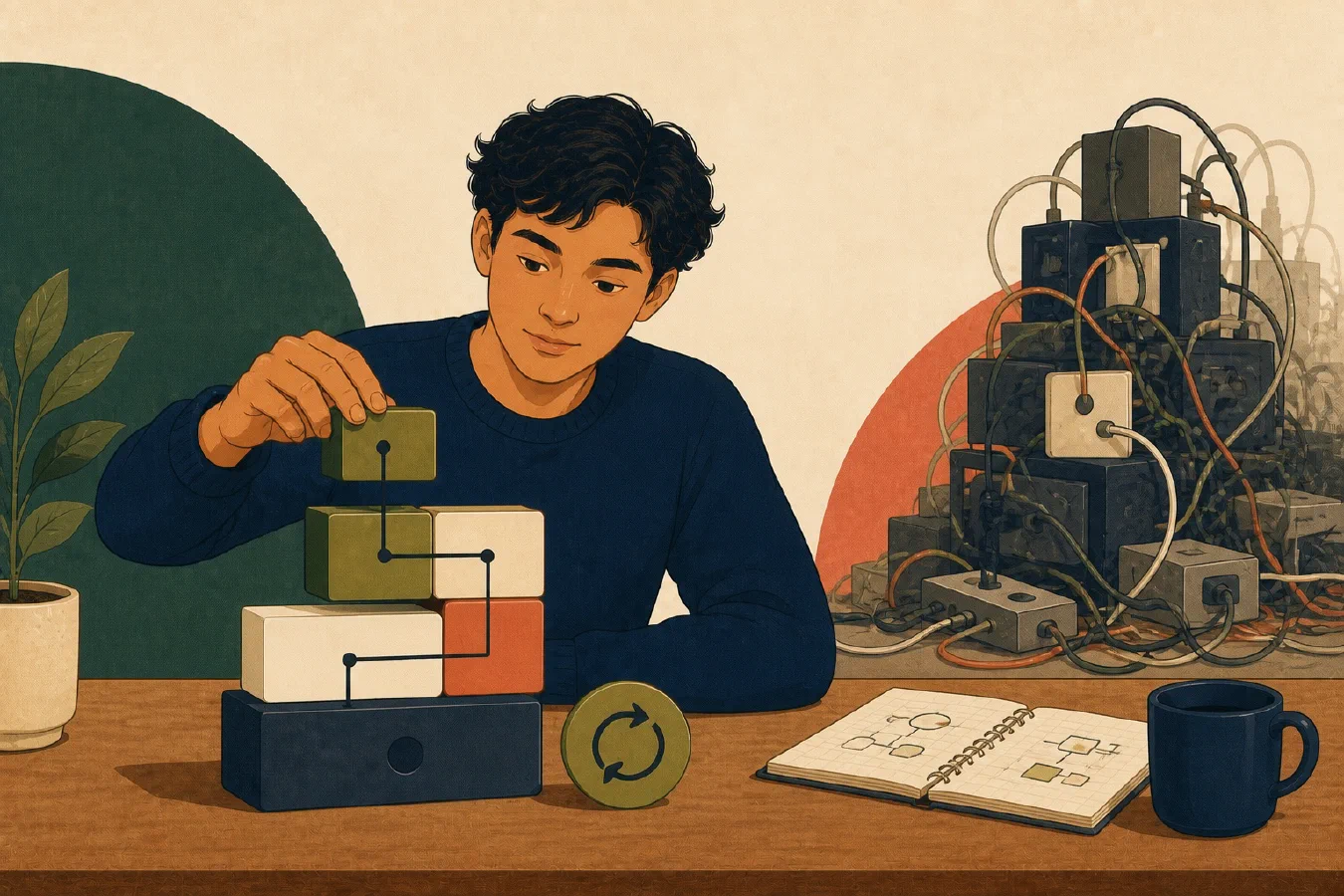 A student builds a stable stack of simple blocks while a tangled pile of connected devices sits in the background.