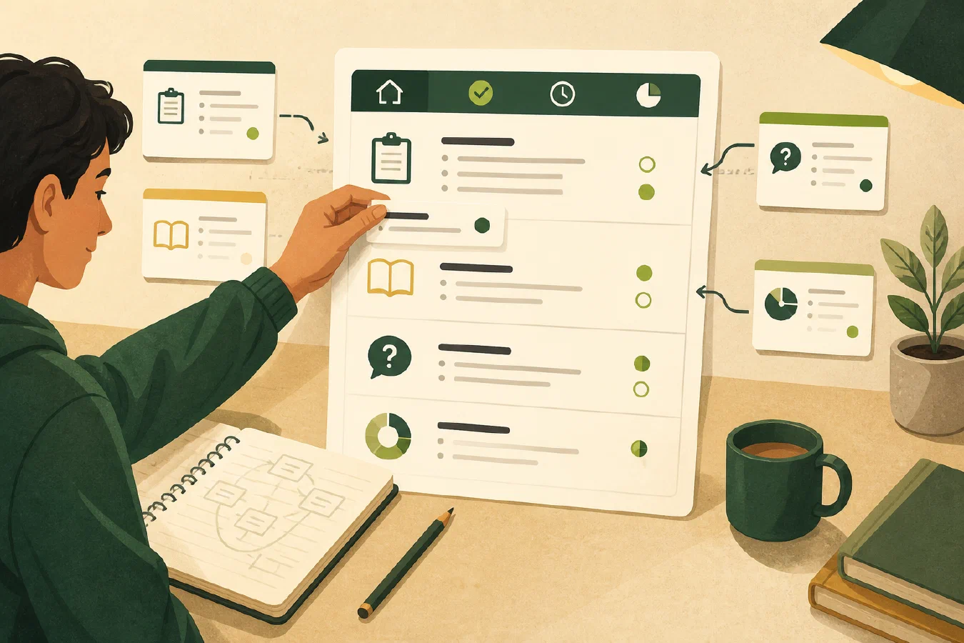 A student builds a compact course dashboard that connects source documents, milestones, and current status.