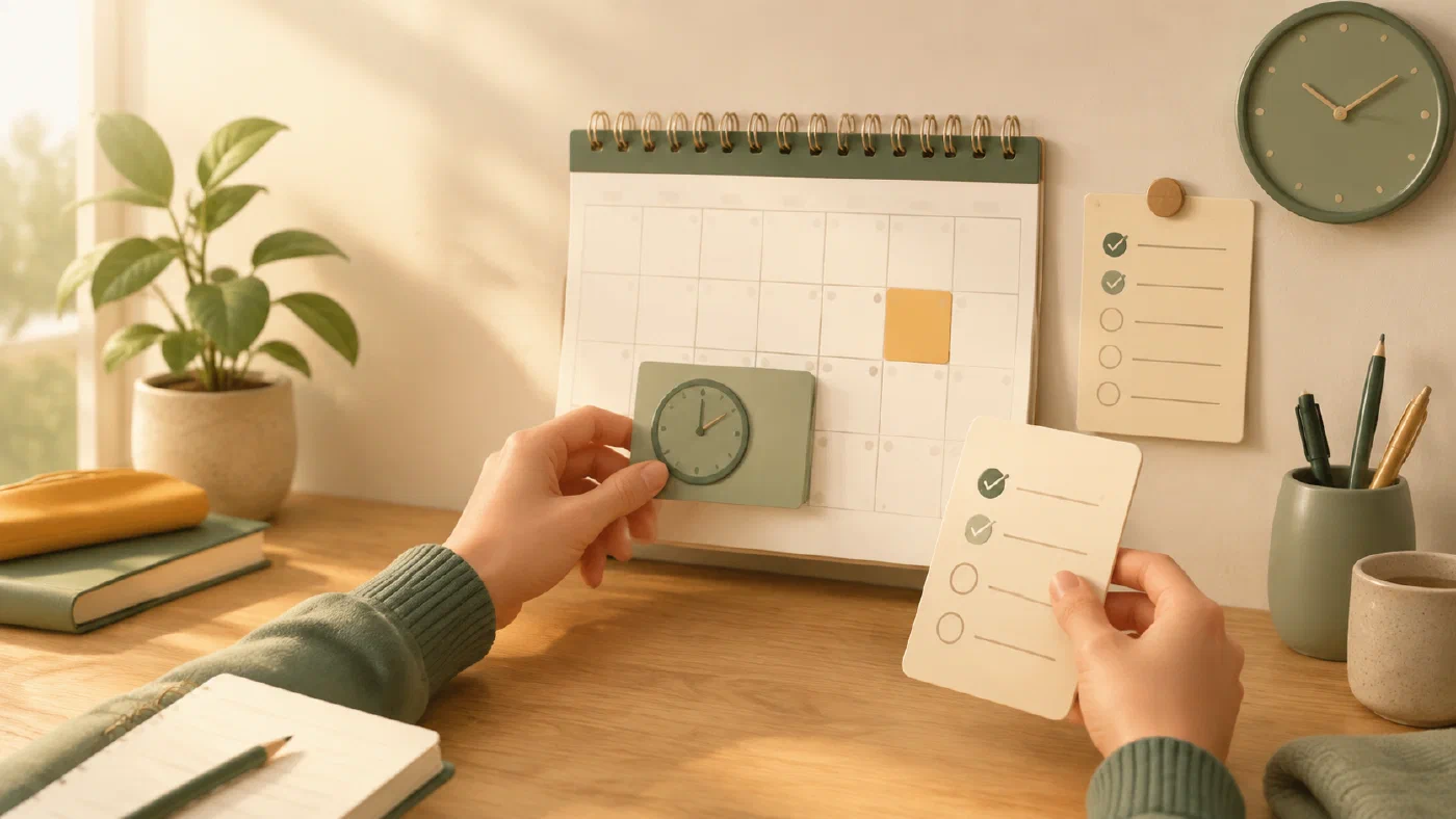 A student separates a fixed-time calendar commitment from flexible task-list work at a warm study desk.