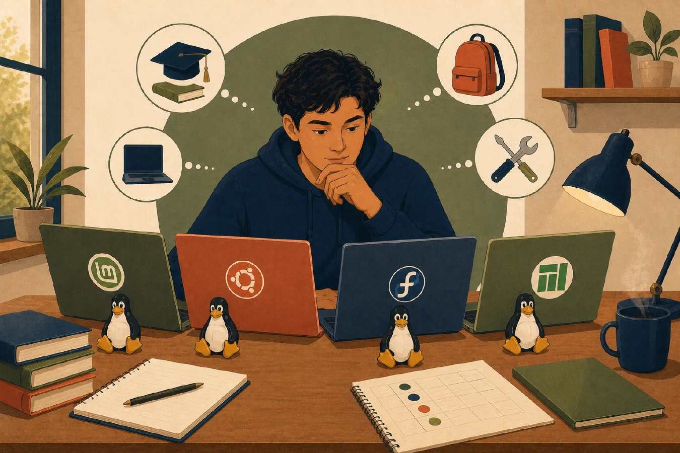 A student-centered editorial illustration representing Choose a Linux Distribution for College.