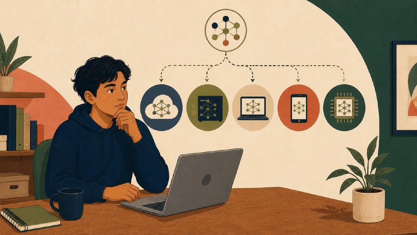 A student-centered editorial illustration representing Choose an AI Agent by Where the Work Runs.