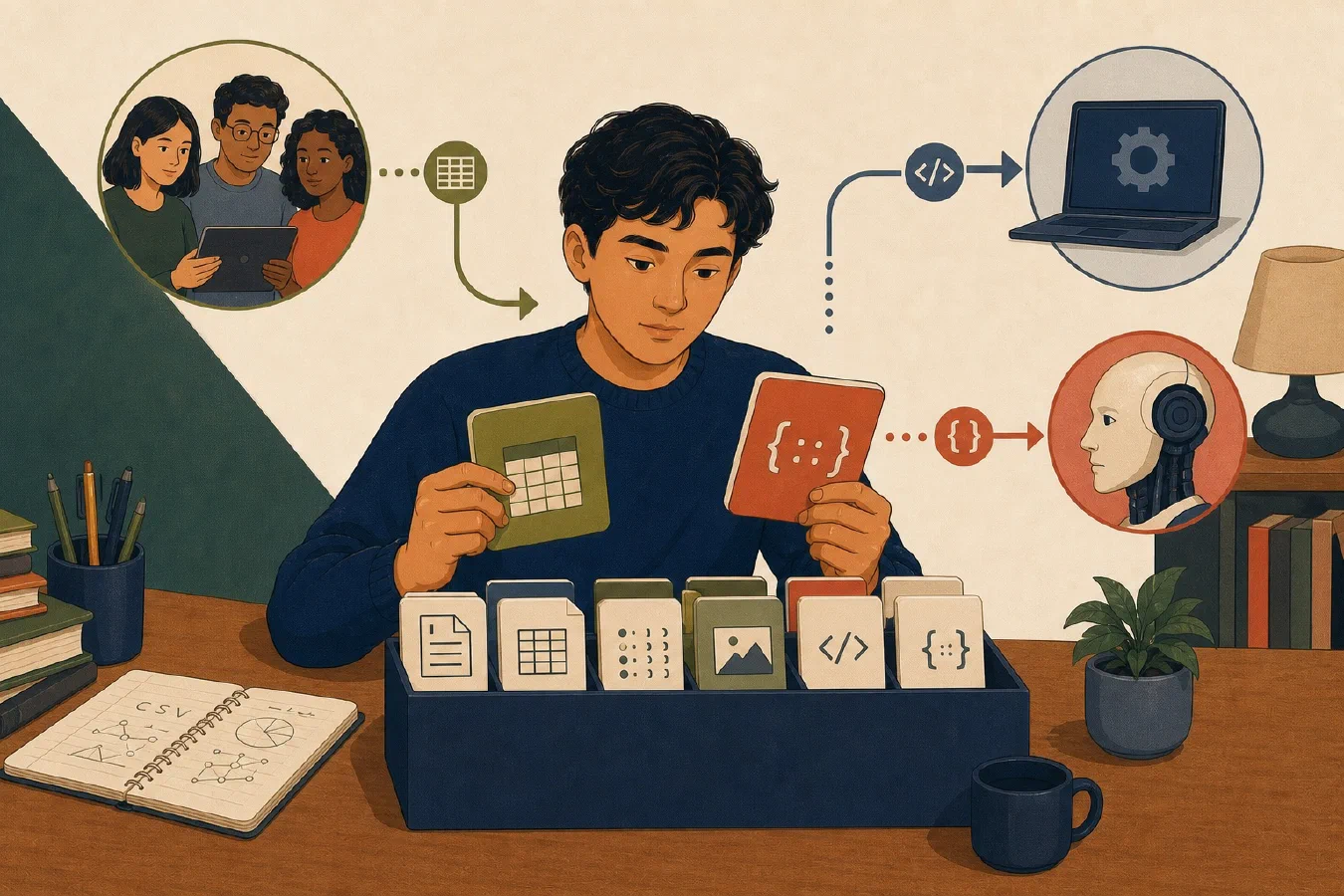 A student-centered editorial illustration representing Choose Text and Data Formats for People, Software, and LLMs.