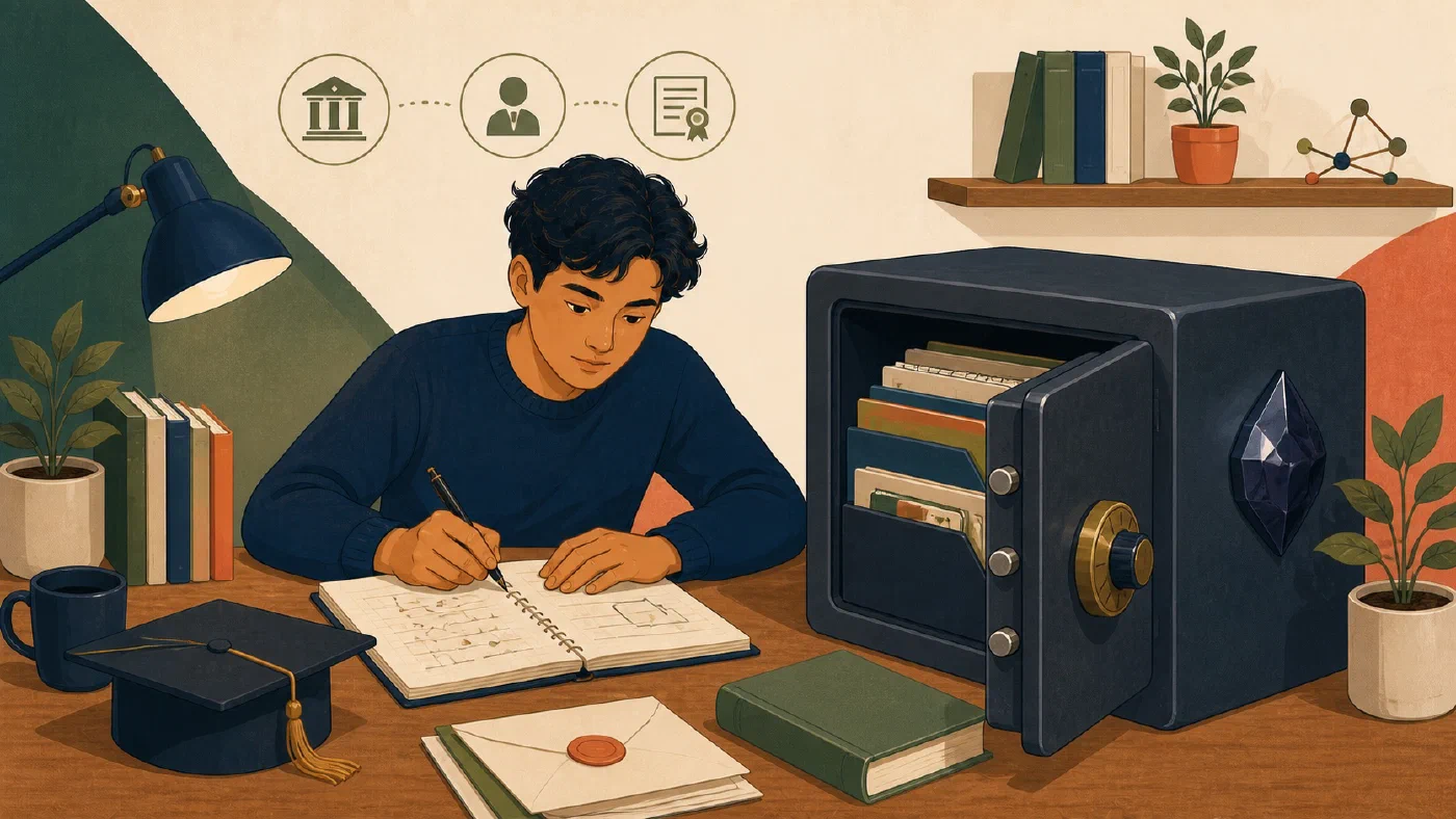 A student-centered editorial illustration representing An Obsidian Vault for College Records You Can Keep and Explain.