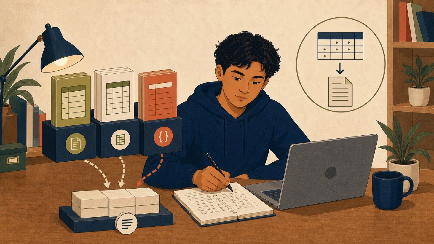A student-centered editorial illustration representing CSV, Excel, or Code: How Should You Store Tabular Data?.