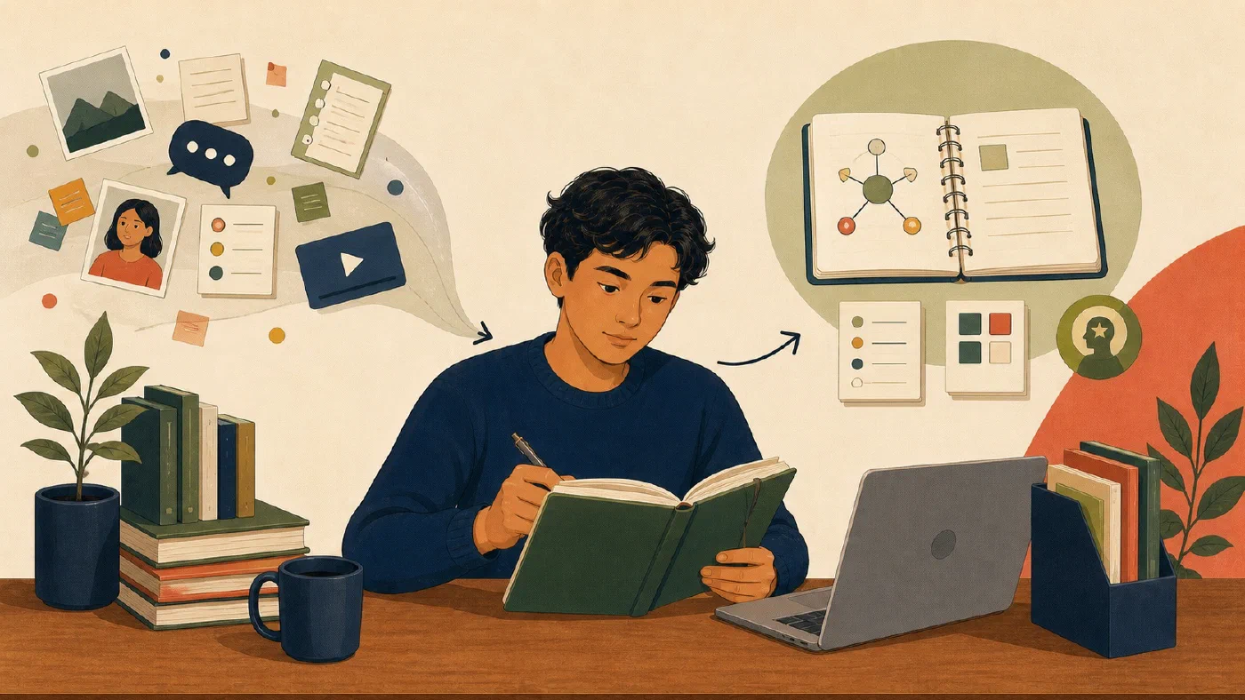 A student-centered editorial illustration representing Turn Daily Information Into a Journal You Can Use.