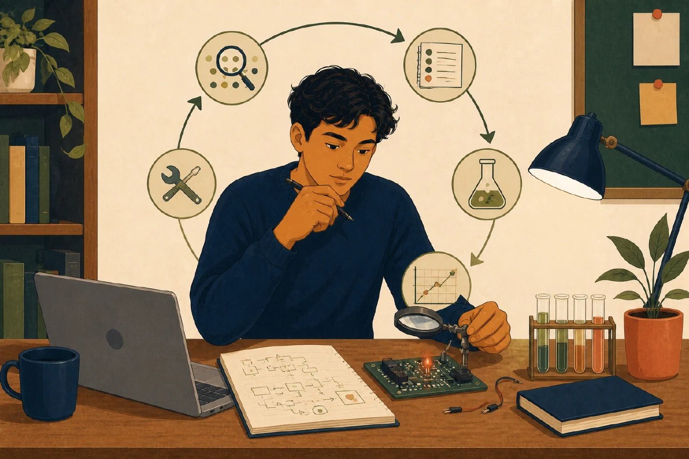 A student-centered editorial illustration representing Debugging Is a Scientific Process.