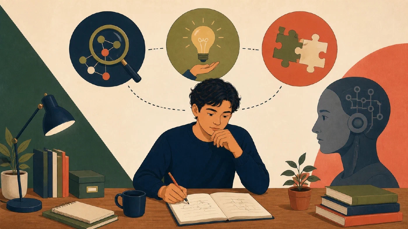A student-centered editorial illustration representing Three Human Talents to Practice in the AI Era.