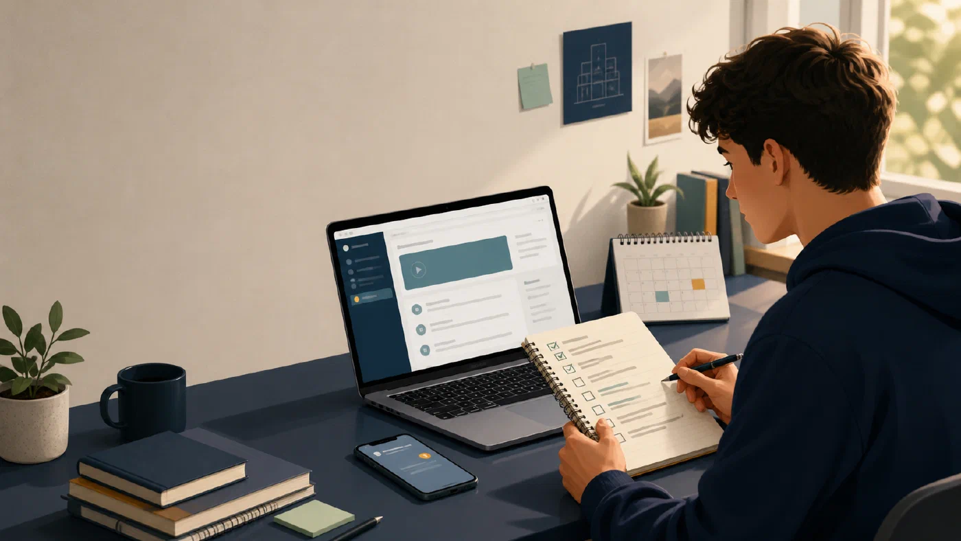 A student compares a current course page, a phone notification, and a saved course record to review a possible LMS change.