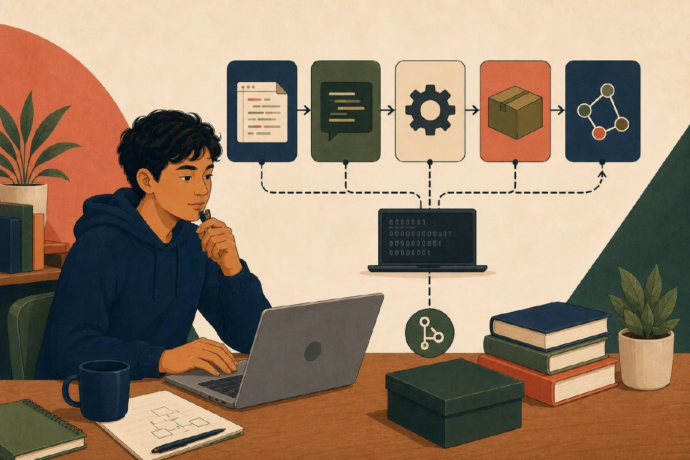 A student-centered editorial illustration representing Editor, Language, Runtime, Compiler, and Package Manager Explained.