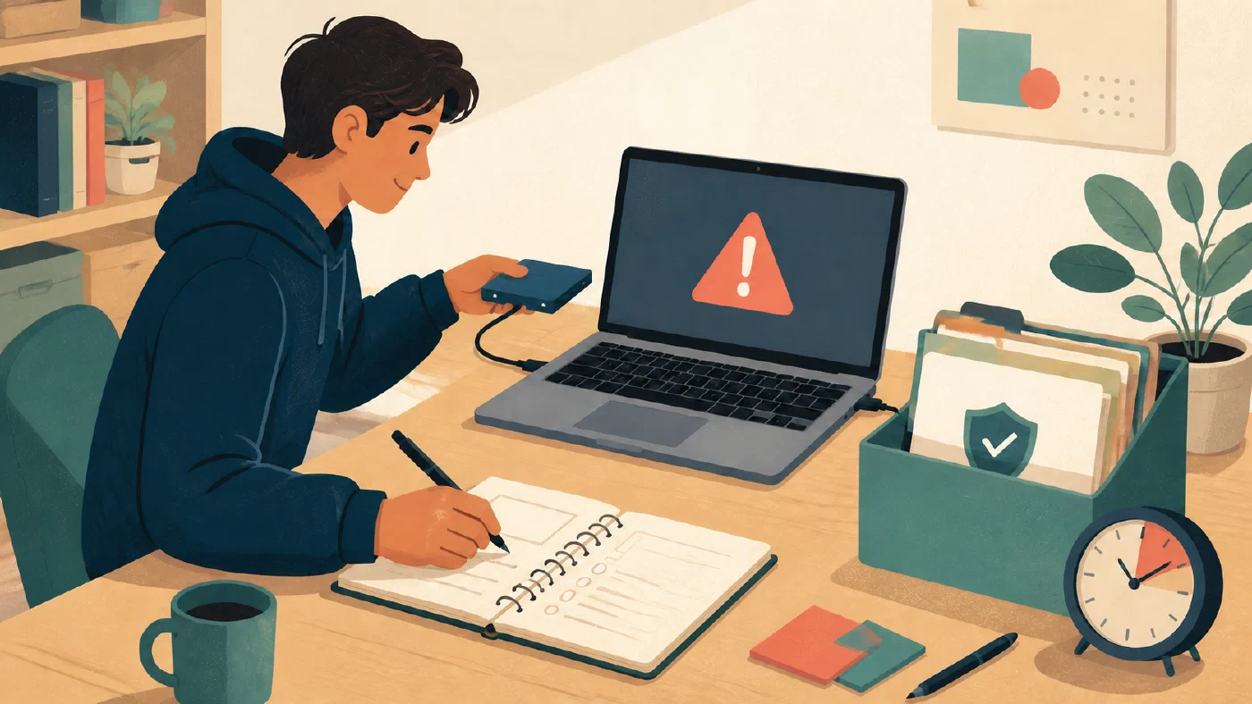 A student preserves a damaged assignment, records an incident, and moves toward a protected recovery copy.