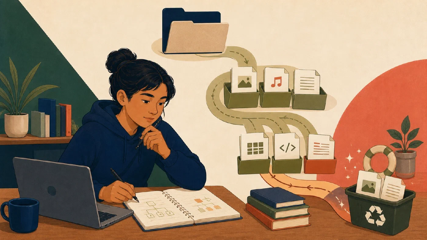 A student-centered editorial illustration representing Files, Folders, Paths, and Extensions Without the Mystery.