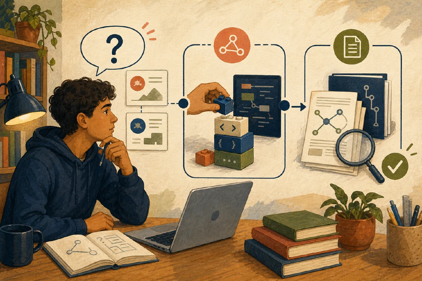 A student traces an AI claim from a question through a builder's work to documents and a verified conclusion.