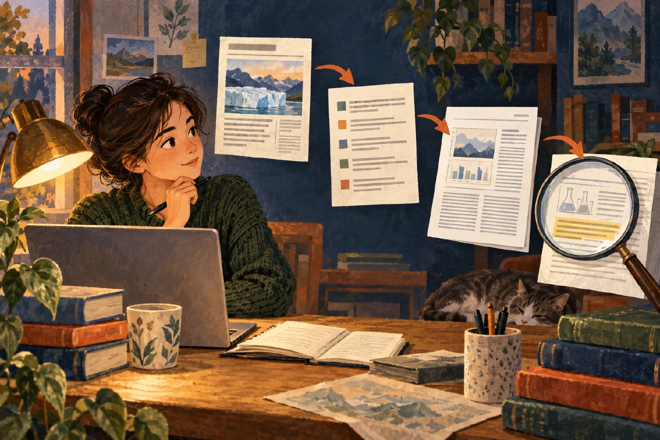 A student follows a citation trail from a research summary through references to an original source and its evidence.