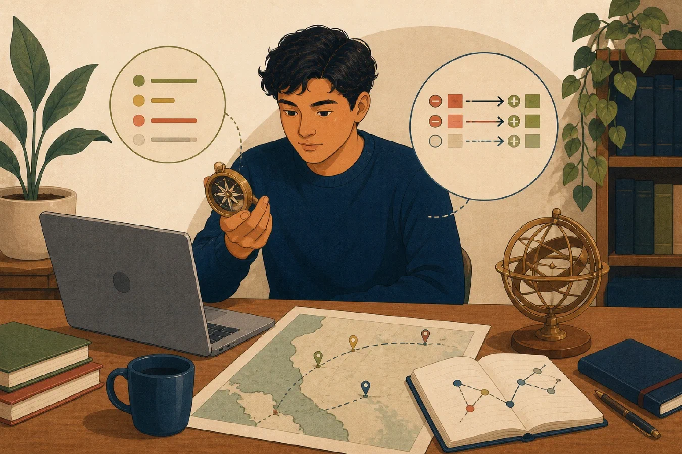 A student-centered editorial illustration representing `git status` and `git diff`: Your Safety Instruments.