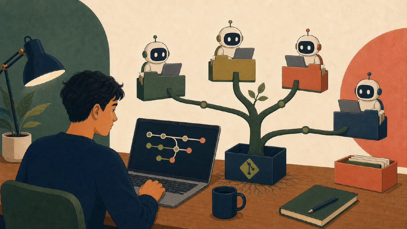 A student-centered editorial illustration representing Use Git Worktrees for Parallel AI Agents.