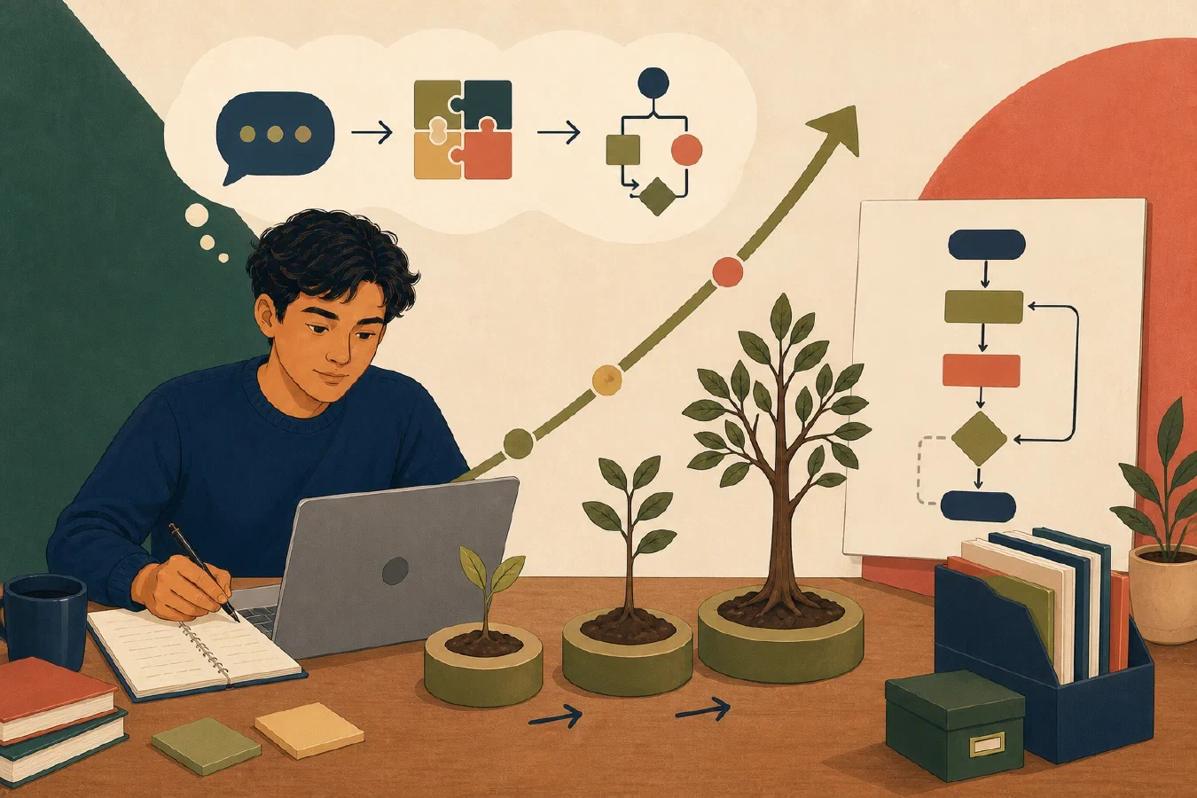 A student-centered editorial illustration representing Grow With Skills: Improve the Agent While You Work.