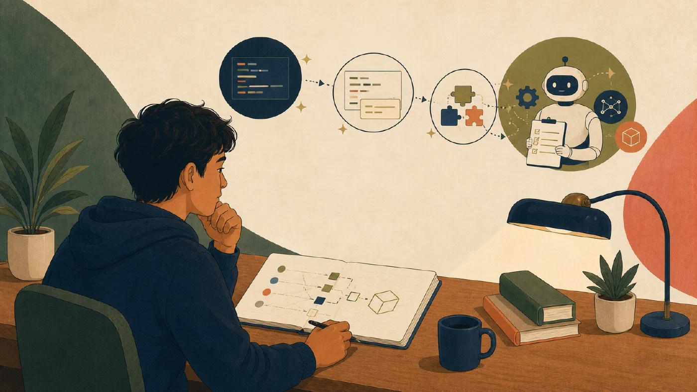 A student-centered editorial illustration representing From Autocomplete to Agents: How AI Coding Methods Are Evolving.