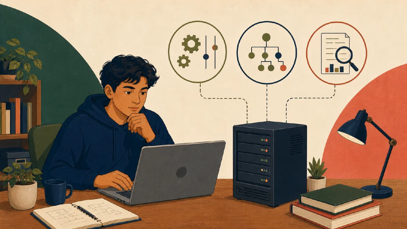 A student-centered editorial illustration representing Inspect Linux Services, Processes, and Logs.