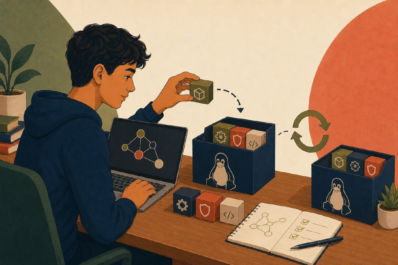 A student-centered editorial illustration representing Install and Update Linux Packages Deliberately.