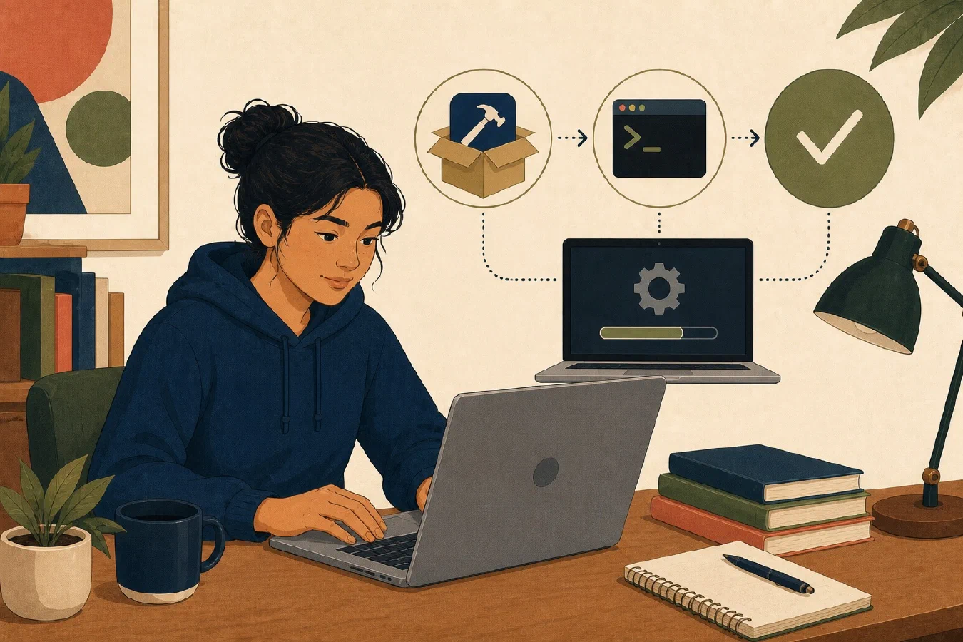 A student-centered editorial illustration representing Install and Verify Xcode Command Line Tools.