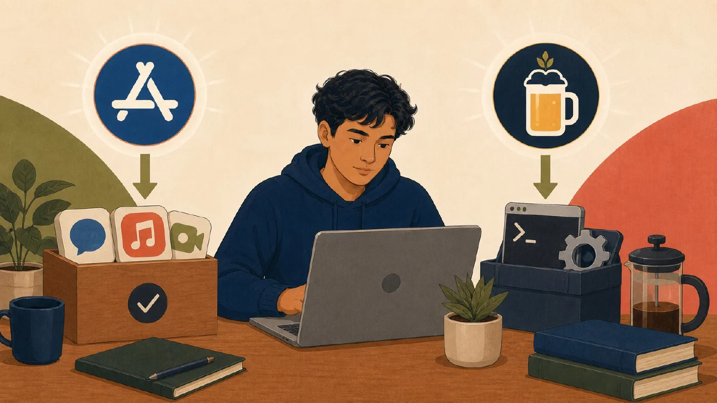 A student-centered editorial illustration representing Install Mac Apps Deliberately with the App Store and Homebrew.