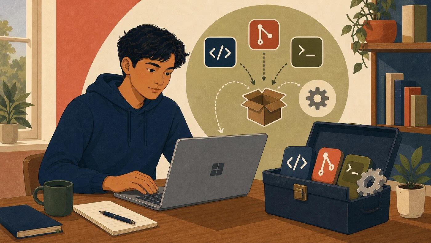 A student-centered editorial illustration representing Install Your First Developer Tools with WinGet.