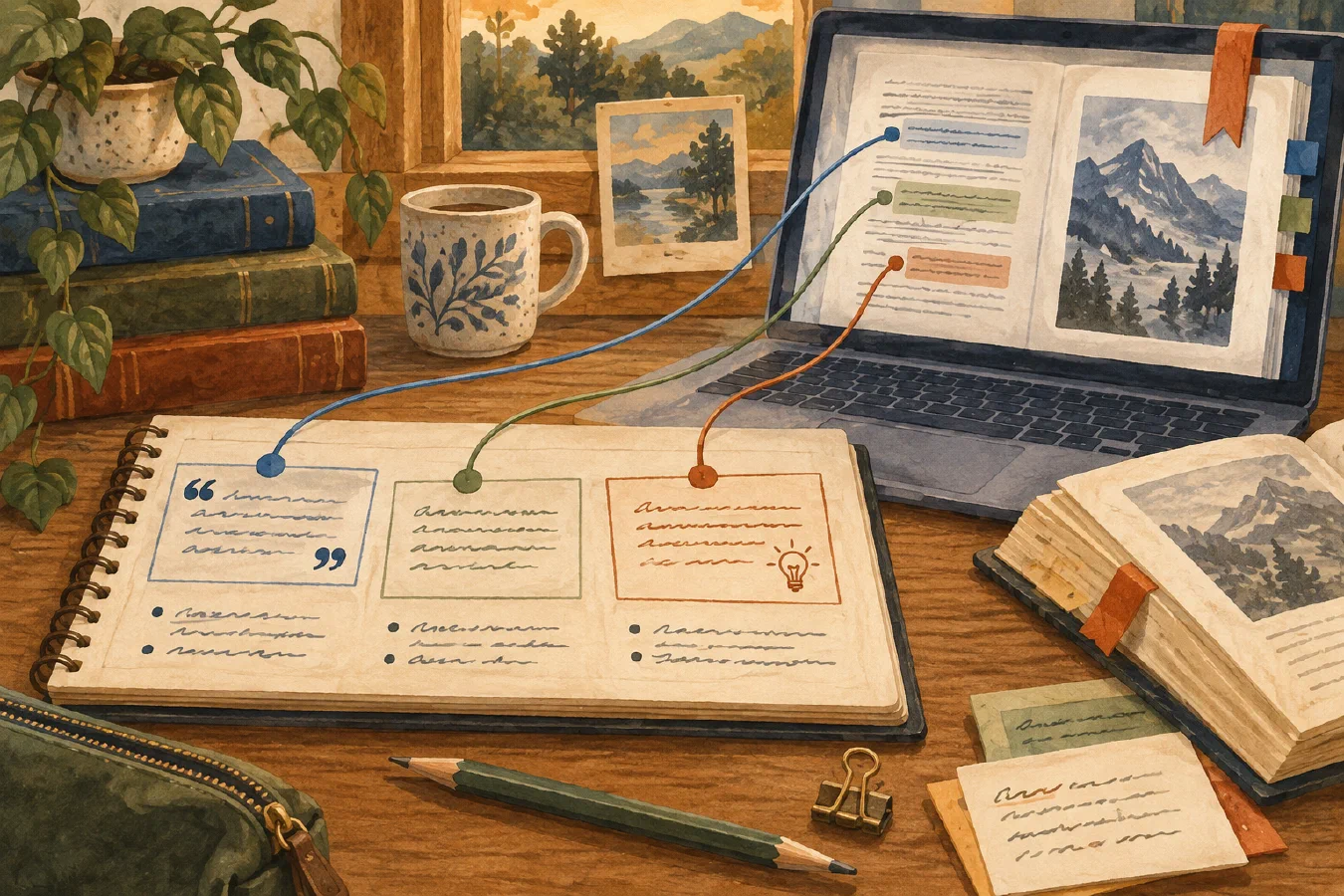 A research notebook connects quotations, paraphrases, and interpretations back to a source on a laptop.