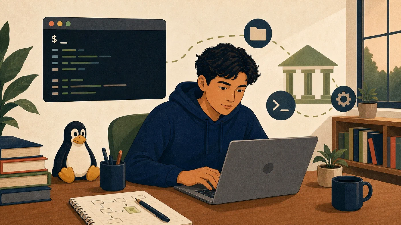 A student-centered editorial illustration representing Linux Terminal and Shell Fundamentals.