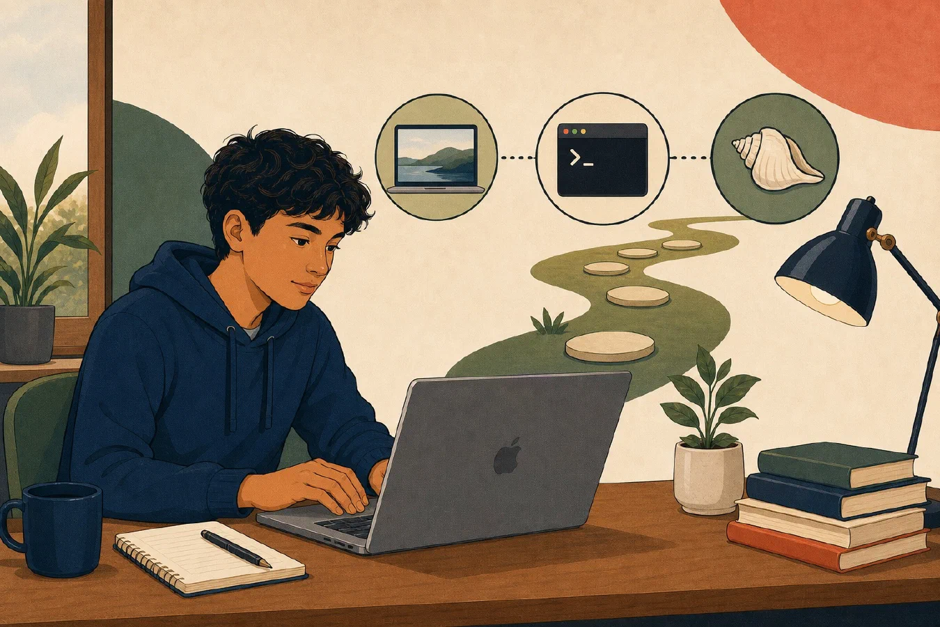 A student-centered editorial illustration representing macOS Terminal and zsh for Complete Beginners.