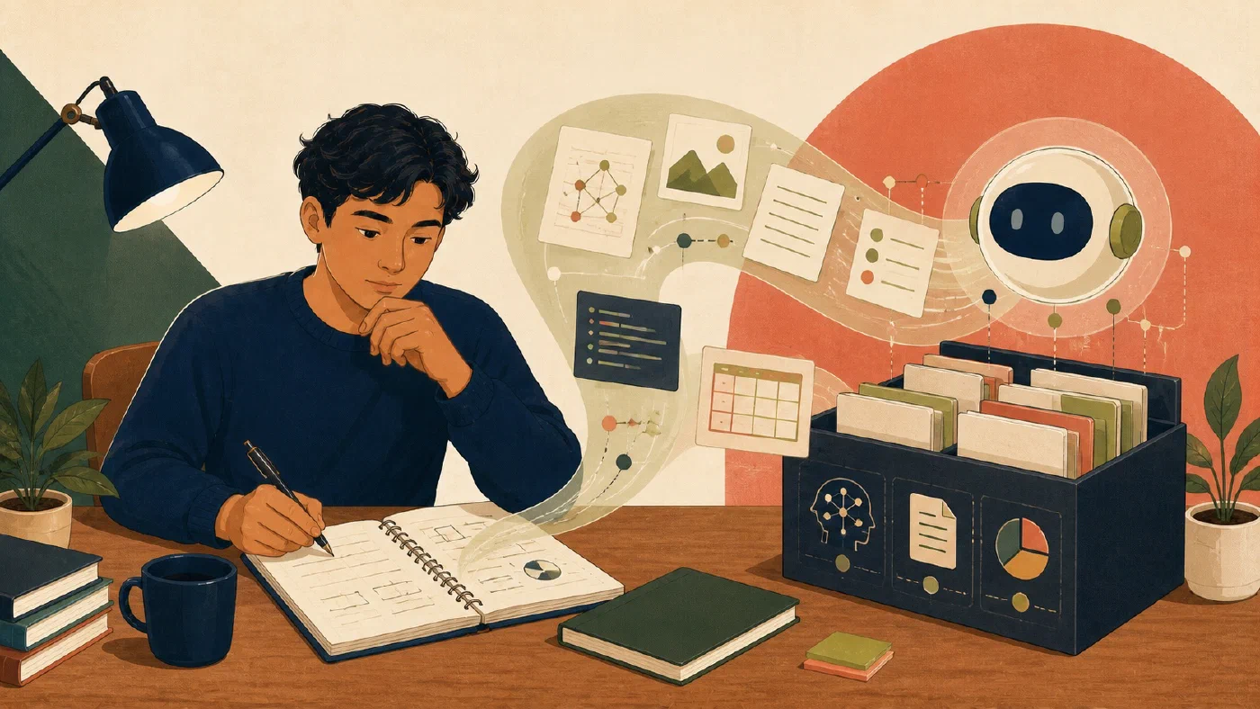 A student-centered editorial illustration representing Maintain a Personal Knowledge Base with AI.