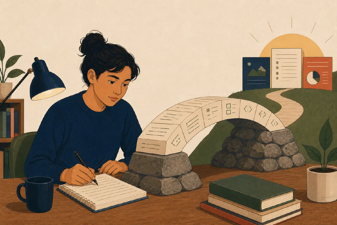 A student-centered editorial illustration representing Markdown in 30 Minutes.