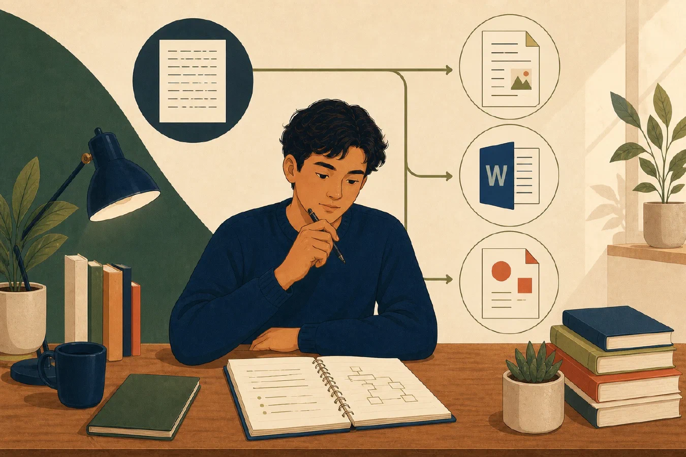 A student-centered editorial illustration representing Markdown, Word, or PDF: Choose the Right Format.