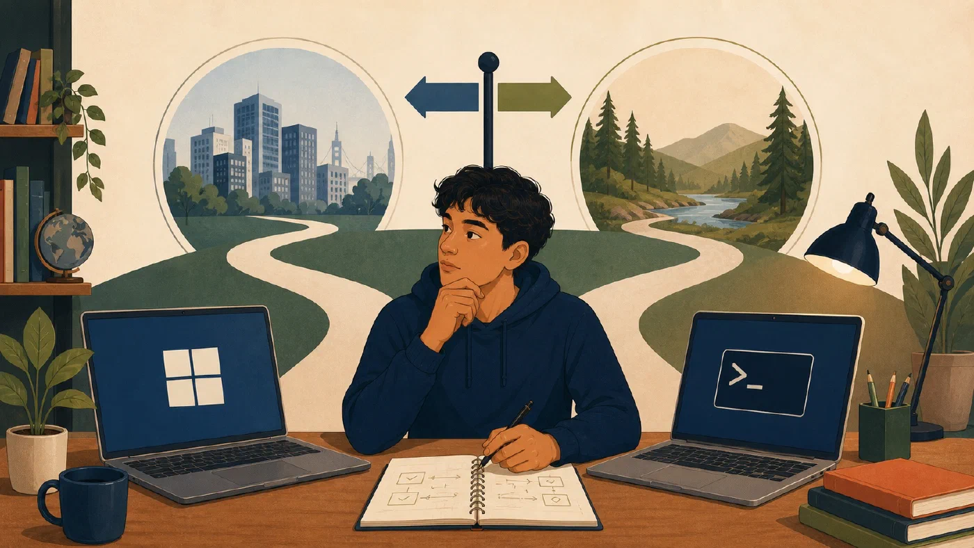 A student-centered editorial illustration representing Native Windows or WSL: How to Choose.