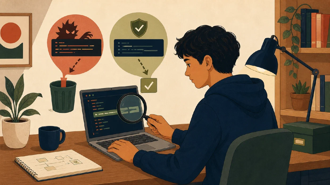 A student-centered editorial illustration representing Never Blindly Paste a Command from the Internet or an AI.