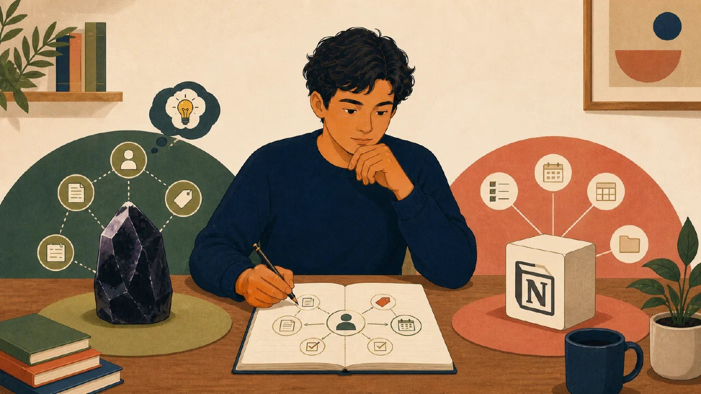 A student-centered editorial illustration representing Obsidian or Notion? Start with Your Requirements.