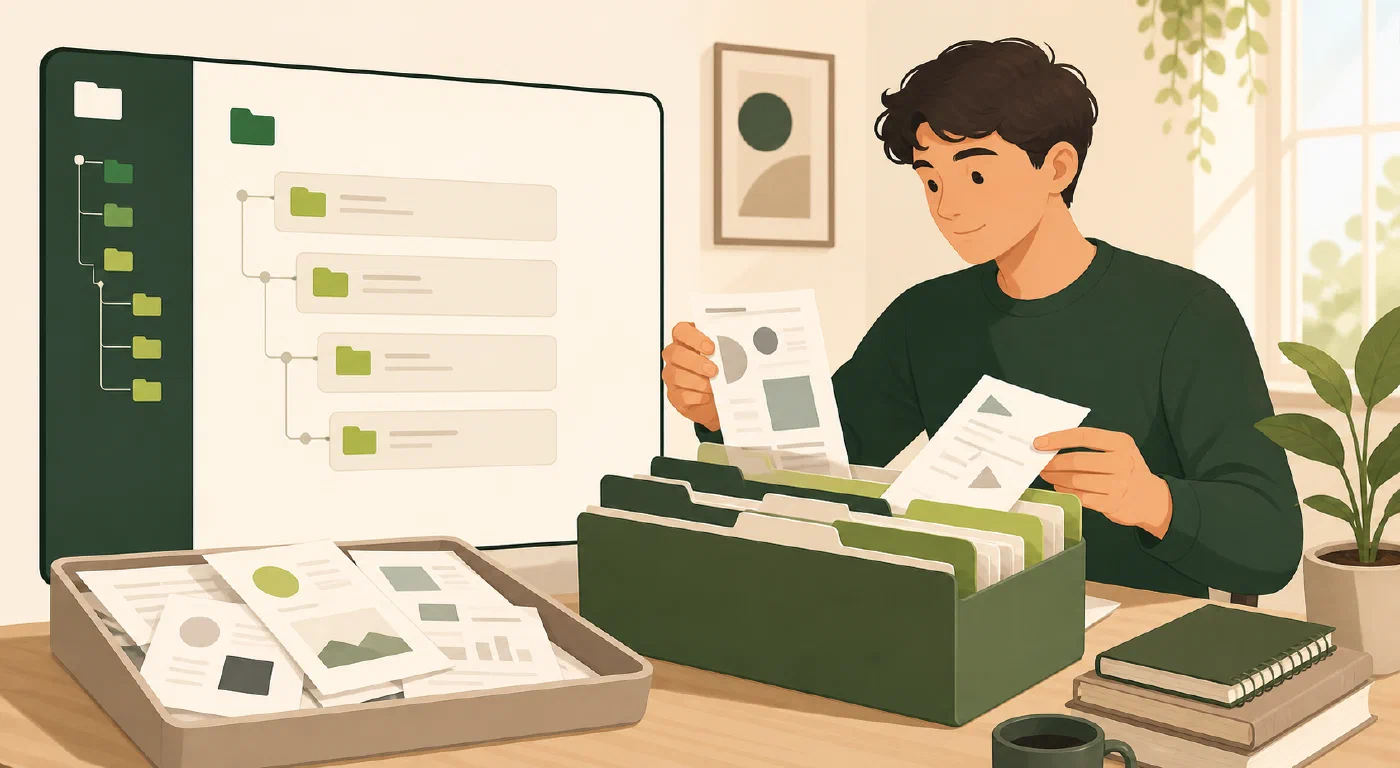 A student sorts course documents from a download inbox into a clear folder tree.