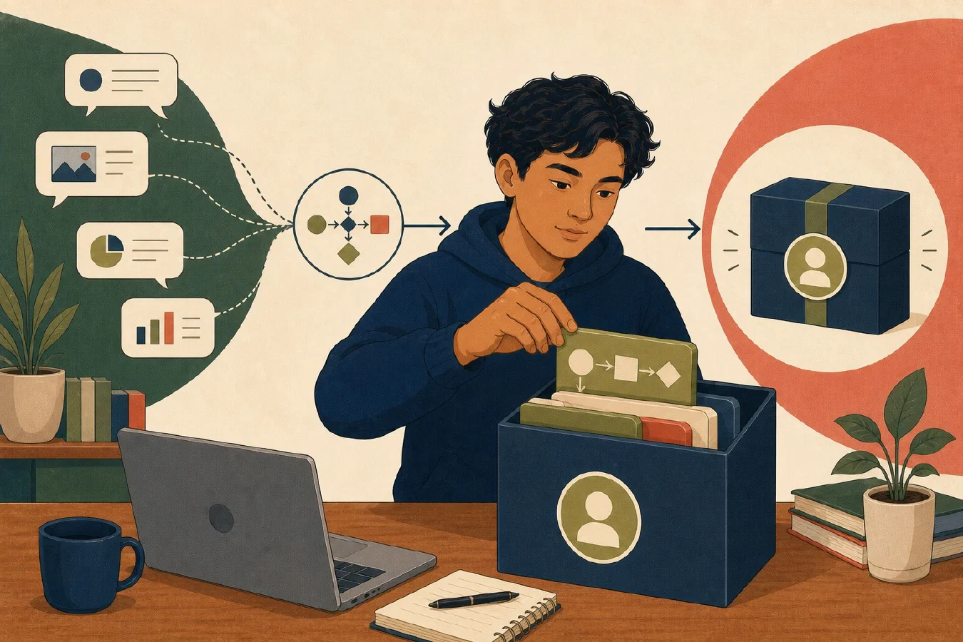 A student-centered editorial illustration representing Package a Repeatable AI Workflow as a Skill.
