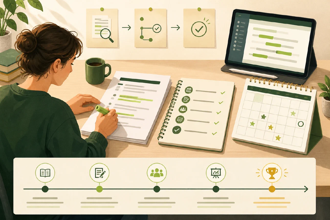 A student reviews a syllabus or LMS course page and converts its requirements into a checked sequence of course milestones.