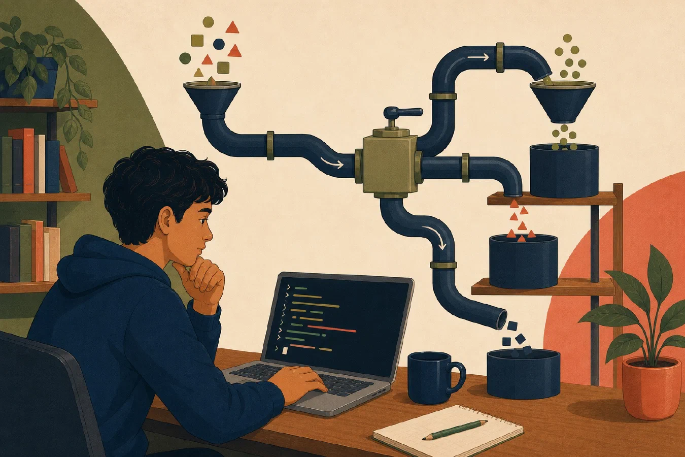 A student-centered editorial illustration representing Pipes and Redirection: The Composable Power of the CLI.
