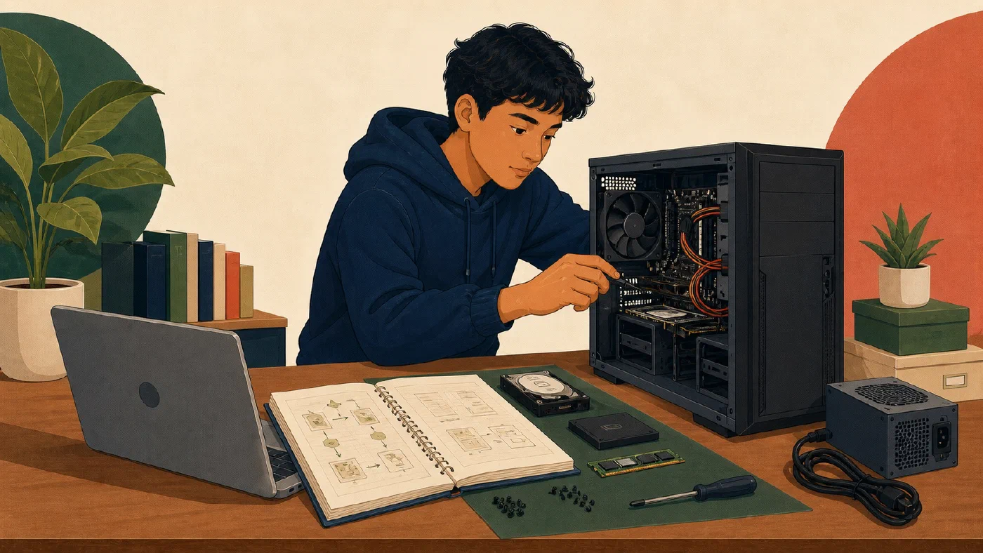 A student-centered editorial illustration representing Rebuild a Student Windows PC from Documentation.